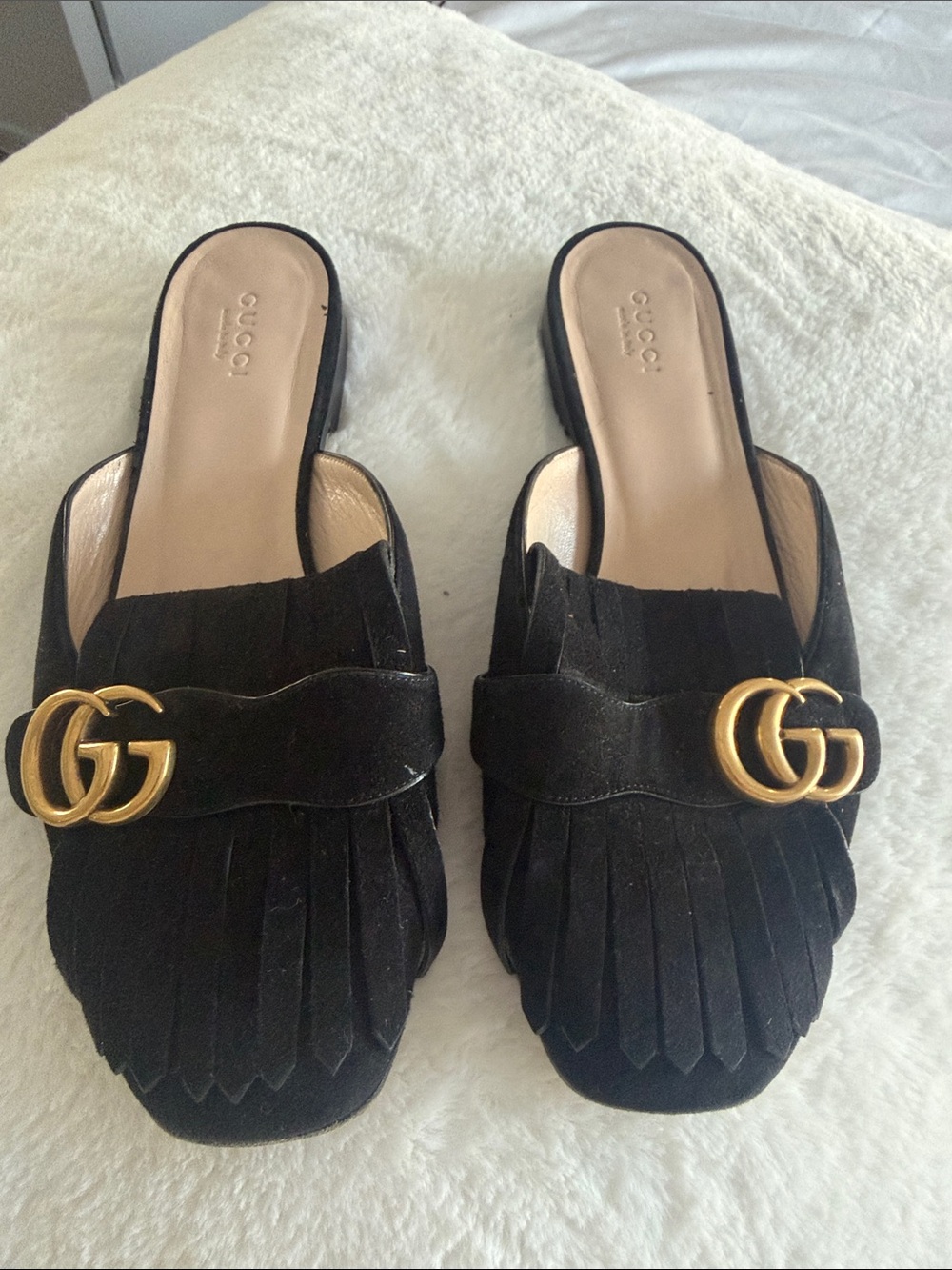 Gucci Black Suede Fringe Slide Mules with Gold Double G